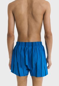 Blauwe katoenen boxers met een comfortabele elastische tailleband, voorzien van verticale zwarte strepen en een losse pasvorm. Geen zichtbare branding.