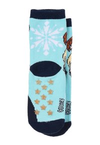 Calcetines azul claro con un patrón de copos de nieve, diseño de perro y acentos de estrellas doradas en las suelas. Ribete navy en la parte superior e inferior.