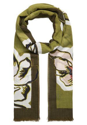 Lightweight olive green scarf with large white and pink floral prints and dark olive vertical stripes, fringed edges.