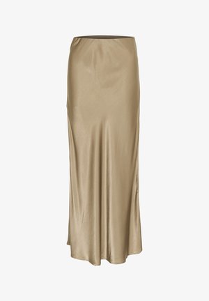 Gonna lunga e aderente realizzata in tessuto marrone chiaro, liscio e lucido. Presenta un elastico in vita e una silhouette dritta che cade con grazia.