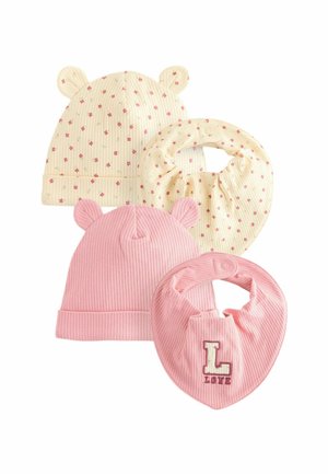 Two baby hats with ears and two matching bandana bibs in pink ribbed fabric and cream with small pink flower prints.