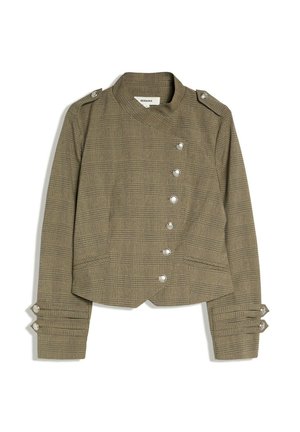 Veste à carreaux marron avec fermeture asymétrique à boutons sur le devant, épaulettes et poignets boutonnés, posée à plat sur fond blanc.