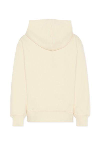 Kremowy hoodie o luźnym kroju, z kieszenią kangurką i ściągaczami na rękawach, wykonany z miękkiej mieszanki bawełny.