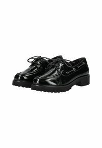 Scarpe stringate in pelle verniciata nera con suole in gomma spessa e cuciture a mocassino, viste da un angolo basso frontale.