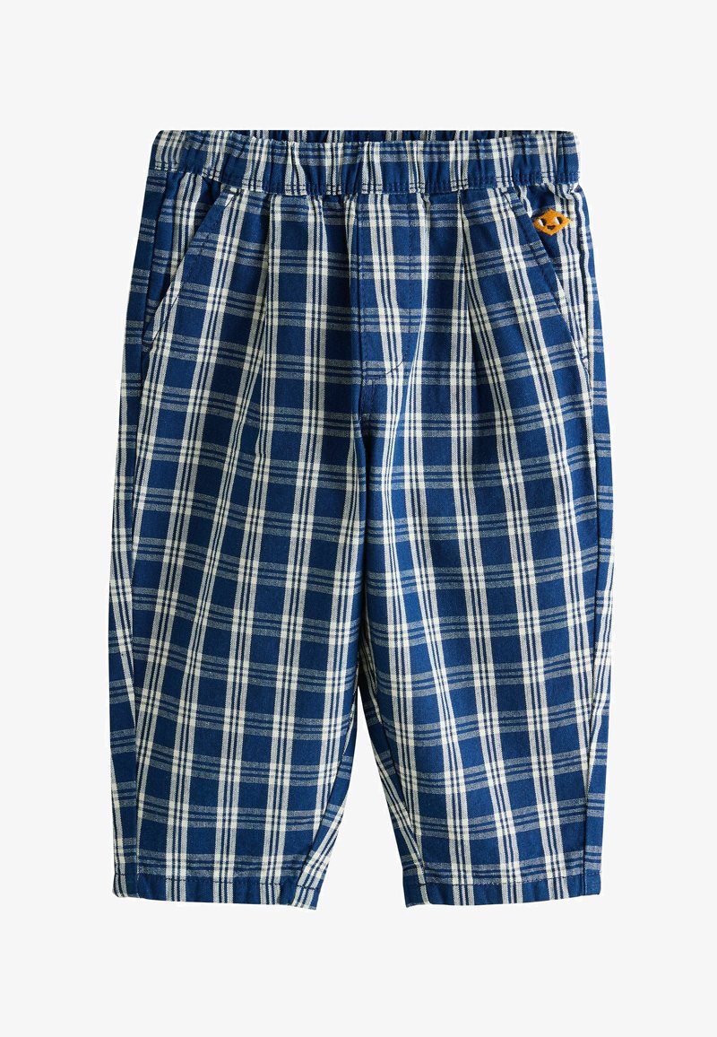 Pantalon à carreaux bleu et blanc pour tout-petit avec taille élastique et poches latérales, avec un petit écusson logo orange près de la poche.