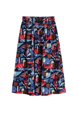 Knieumschmeichelnder Rock aus dunkelblauem Stoff mit geometrischem Muster in Rot, Pink, Braun und Blau; elastischer Bund für Komfort.