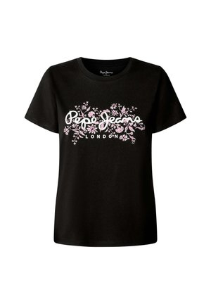 T-shirt nera in cotone con un design floreale e il testo "Pepe Jeans London" bianco. Maniche corte e vestibilità comoda.