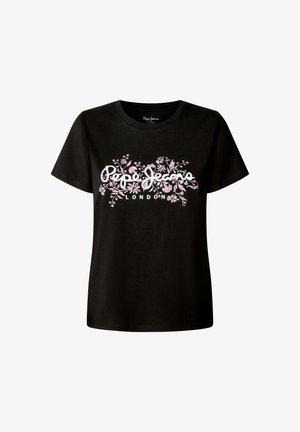 Must musta T-särk, millel on lilleline disain ja valged "Pepe Jeans London" tekst. Lühikesed varrukad ja mugav lõige.