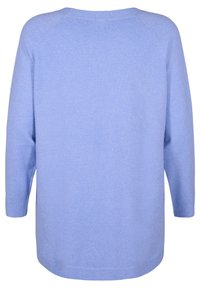 Lichtblauwe trui met een zachte textuur, voorzien van raglanmouwen en een ronde halslijn. De achterkant is glad zonder aanvullende ontwerp elementen.