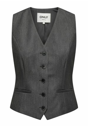 Gilet pour femme en gris foncé, ajusté, avec cinq boutons sur le devant, décolleté en V et deux poches à fente sur le devant.