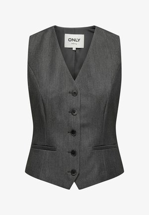 Tumehall naiselik vest, millel on viis esiklahvi, V-kujuline kaelus ja kaks esiäärt taskut.