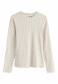 Long-sleeve top in cream fabric, featuring a repeated floral pattern with green stems and red buds; round neckline, ribbed texture.