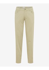 Beige Slim-Fit-Hose mit vorderer Knopf- und Reißverschluss, Gürtelschlaufen und zwei vorderen Taschen, dargestellt auf weißem Hintergrund.