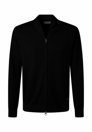 Schwarze Zip-Jacke mit Stehkragen, langen Ärmeln und gerippten Bündchen. Hergestellt aus einem glatten Strickstoff mit subtiler Markenkennzeichnung am Saum.