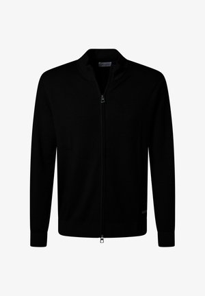Schwarze Zip-Jacke mit Stehkragen, langen Ärmeln und gerippten Bündchen. Hergestellt aus einem glatten Strickstoff mit subtiler Markenkennzeichnung am Saum.