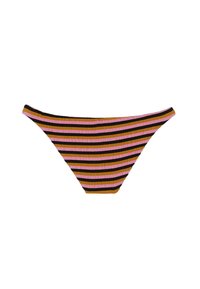 Parte inferior de bikini a rayas en negro, rosa y marrón. Tejido texturizado con rayas horizontales estrechas. Diseño de tiro bajo con cobertura mínima.