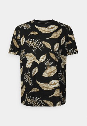 Black t-shirt featuring a leafy print in gold and cream. Crew neck design with short sleeves and a relaxed fit. Soft fabric texture.