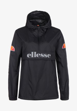 Sort hættetræjakke med halvlynlås foran, elastiske manchetter, "ellesse" logo på tværs af brystet, og orange halvmåne-logoer på begge ærmer.