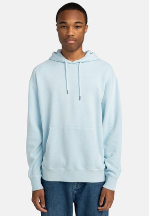Light blue pullover hoodie, made of soft fabric, features a front pocket, drawstring hood, and ribbed cuffs and hem.