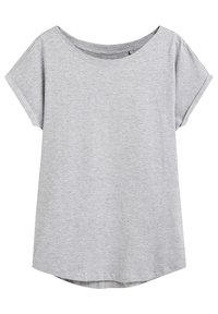 Grå T-shirt med korte ærmer lavet af blødt stof, med en bred bådudskæring og en rund kant med diskrete syninger.