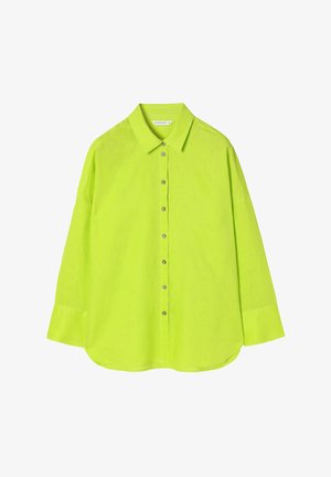 Svijetlozeleni poslovni sako od lana s kragnom, dugim rukavima i zaobljenim rubom, s srebrnim gumbima sprijeda.