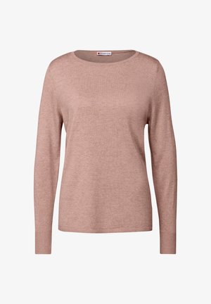 Light pink long-sleeve sweater made from soft fabric, featuring a round neckline, ribbed cuffs, and a relaxed fit.
