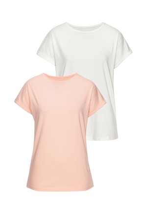 Two plain short-sleeve crew-neck t-shirts, one light pink in front and one white behind, on a white background.
