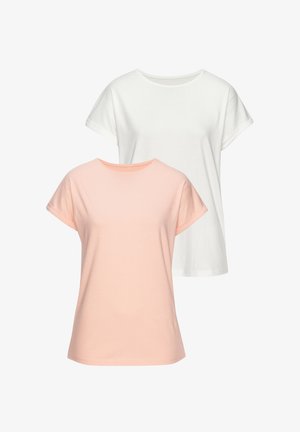 Due t-shirt semplici a maniche corte con scollo rotondo, una rosa chiaro davanti e una bianca dietro, su uno sfondo bianco.