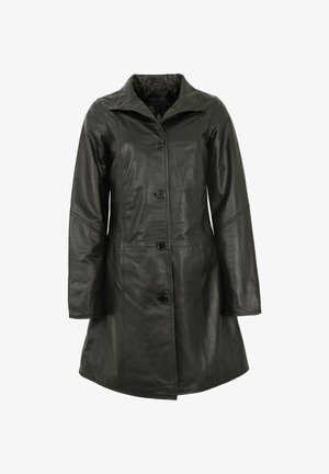 Schwarzer Leder-Mantel mit Kragen, Knopfverschluss auf der Vorderseite, langen Ärmeln und einem leicht ausgestellt geschnittenen Saum. Glatte Textur mit dezentem Glanz.