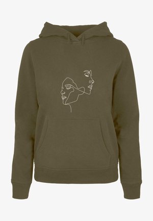 Sweat à capuche vert olive avec poche avant et dessin en ligne blanche continue de deux visages féminins qui se chevauchent sur la poitrine.