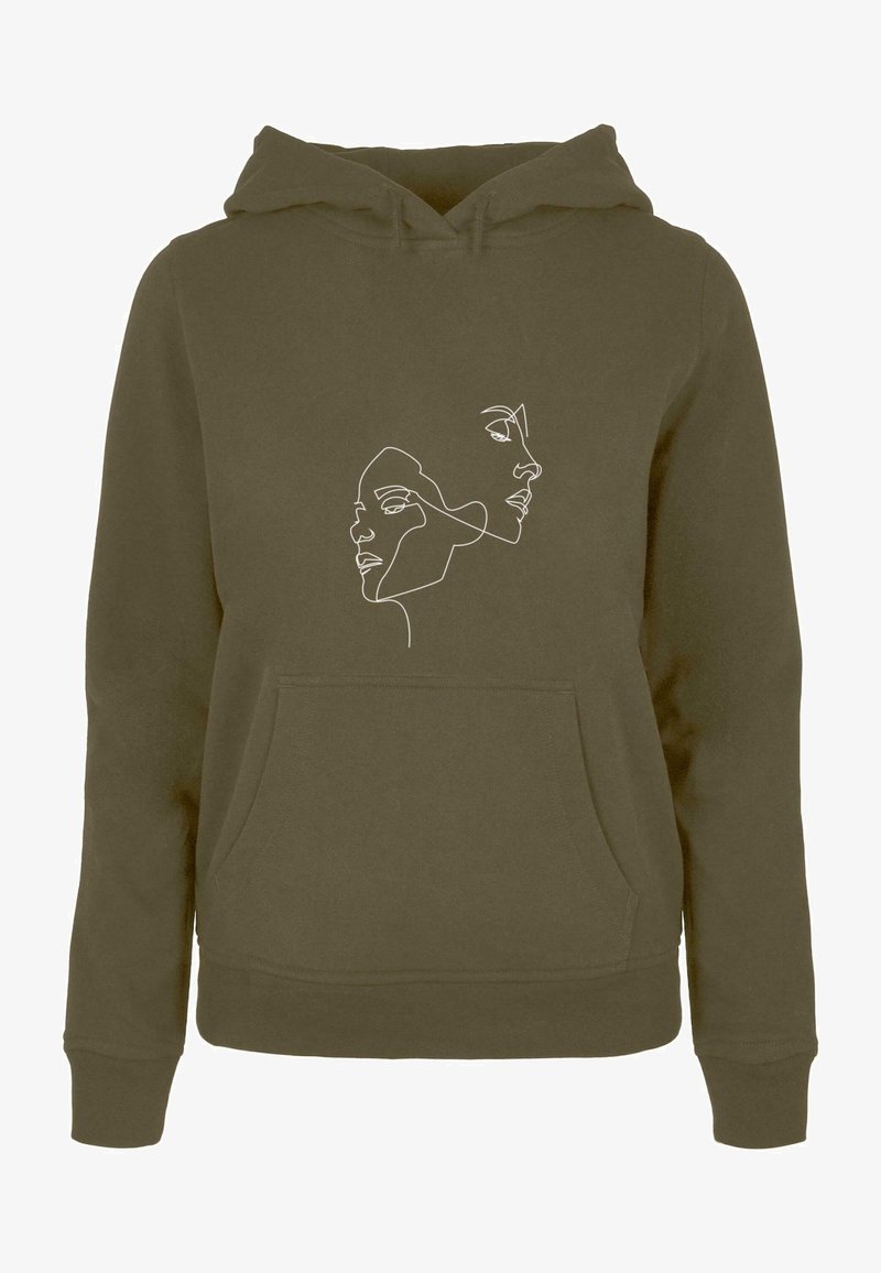 Sweat à capuche vert olive avec poche avant et dessin en ligne blanche continue de deux visages féminins qui se chevauchent sur la poitrine.