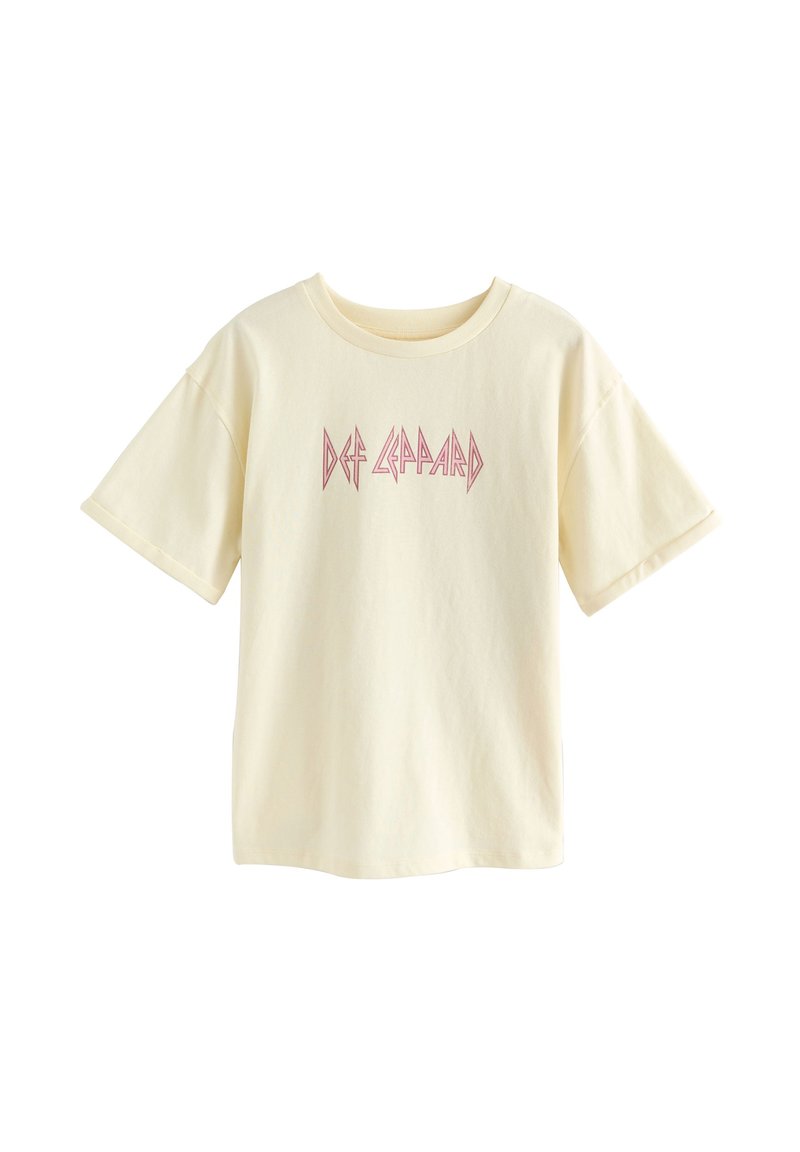 Hellgelbes Baumwoll-T-Shirt mit kurzen Ärmeln und rundem Halsausschnitt. Mit pinkem "Def Leppard"-Schriftzug in einer stilisierten Schriftart.