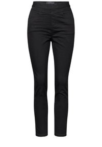 Zwarte slim-fit broek gemaakt van rekbaar materiaal, met een brede elastische tailleband en zijzakken. Glad textuur, geen zichtbare patronen.