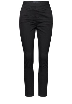 Zwarte slim-fit broek gemaakt van rekbaar materiaal, met een brede elastische tailleband en zijzakken. Glad textuur, geen zichtbare patronen.