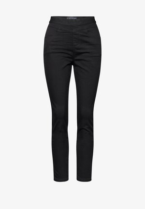 Musta slim-fit-housut joustavasta kankaasta, leveällä joustavalla vyötärönauhalla ja etutaskuilla. Suora pinta ilman näkyviä kuvioita.