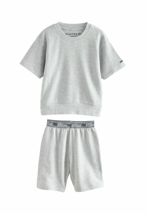 Szary t-shirt krótki rękaw oraz dopasowane szorty wykonane z teksturowanej tkaniny. Szorty mają elastyczny pas z napisem "Offline".
