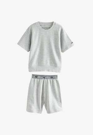 Pilkas trumpas rankovėmis marškinėliai ir atitinkantys šortai, pagaminti iš tekstūruoto audinio. Šortai turi elastingą liemenį su užrašu "Offline".