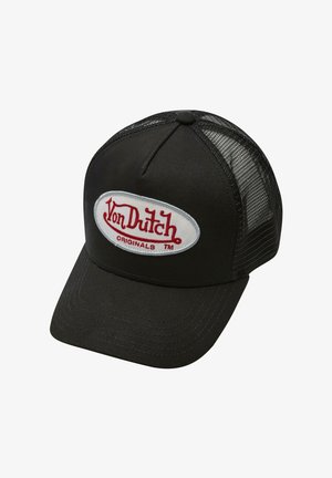 Zwarte honkbalpet met mesh zijkanten, een gebogen klep en een geborduurd wit en rood logo-badge met de tekst "Von Dutch Originals."