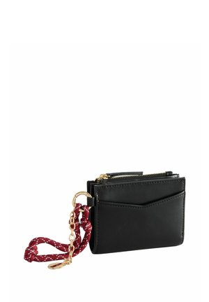 Black leather wallet with a gold zipper, featuring an exterior pocket and a burgundy braided strap. Textured finish with simple lines.