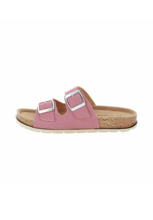 Sandalo rosa open-toe con due fibbie argento regolabili e suola con texture effetto sughero su sfondo bianco.