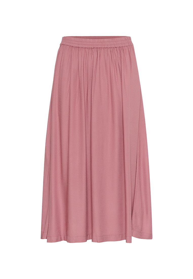 Rosa Midi-Rock aus leichtem Stoff mit elastischem Bund, der eine subtile Textur und eine fließende Silhouette bietet. Keine sichtbaren Muster oder Akzente.