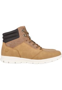 Stivaletto in suede marrone con collare imbottito nero, lacci frontali e suola in gomma bianca. Presenta occhielli metallici e dettagli con logo.