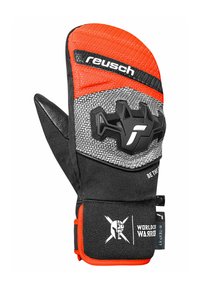 Schwarze und orange Handschuh, strukturiertes Obermaterial mit einem gemusterten Design, ausgestattet mit einem Logo, verstärkter Handfläche und verstellbarem Handgelenkriemen.