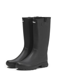 Bottes en caoutchouc noir imperméables avec une finition texturée, bout rond et semelle à caoutchouc robuste. Caractéristiques : une languette de traction et un logo en haut.