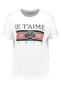 Camiseta de algodón blanca con un gráfico negro que dice "JE T'AIME", una ilustración de una rosa y rayas rojas con el texto "toi moi" y "1978".