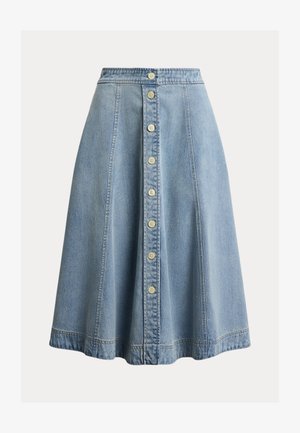 Light blue denim A-line skirt with high waist, front button closure, and visible vertical seams, knee-length.