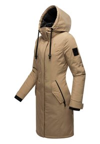 Beige insulated parka with a hood, black interior, zippered side pockets, and ribbed cuffs. Features a logo patch on the sleeve.