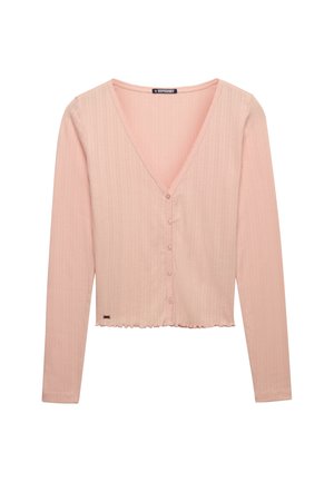 Lichtroze geribbelde cardigan met lange mouwen, V-hals, vijf knopen aan de voorkant en een licht gerimpelde zoom, met het label "Superdry" aan de binnenkant van de kraag.