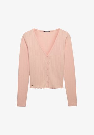 Lyserød ribstrikket cardigan med lange ærmer, V-hals, fem knapper foran og en let flæset kant, med mærket "Superdry" indeni kraven.