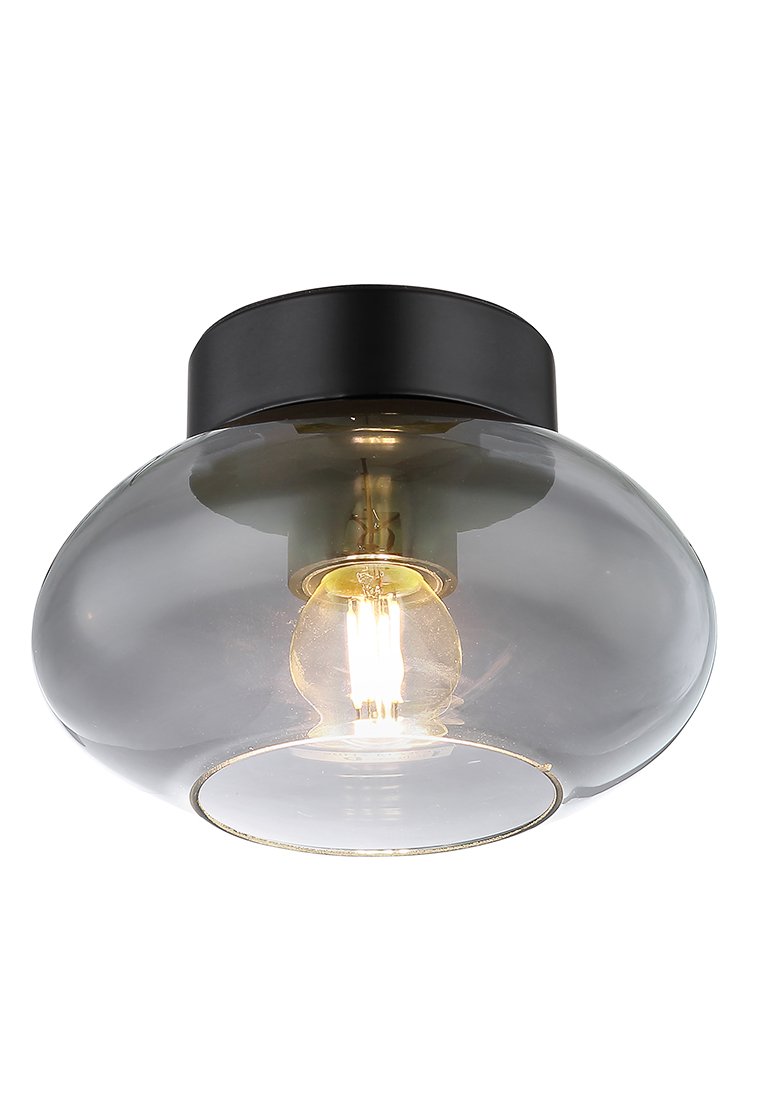 Lampada da soffitto con base in metallo nero e paralume rotondo in vetro trasparente fumé. Il design con la lampadina a vista migliora la diffusione della luce.